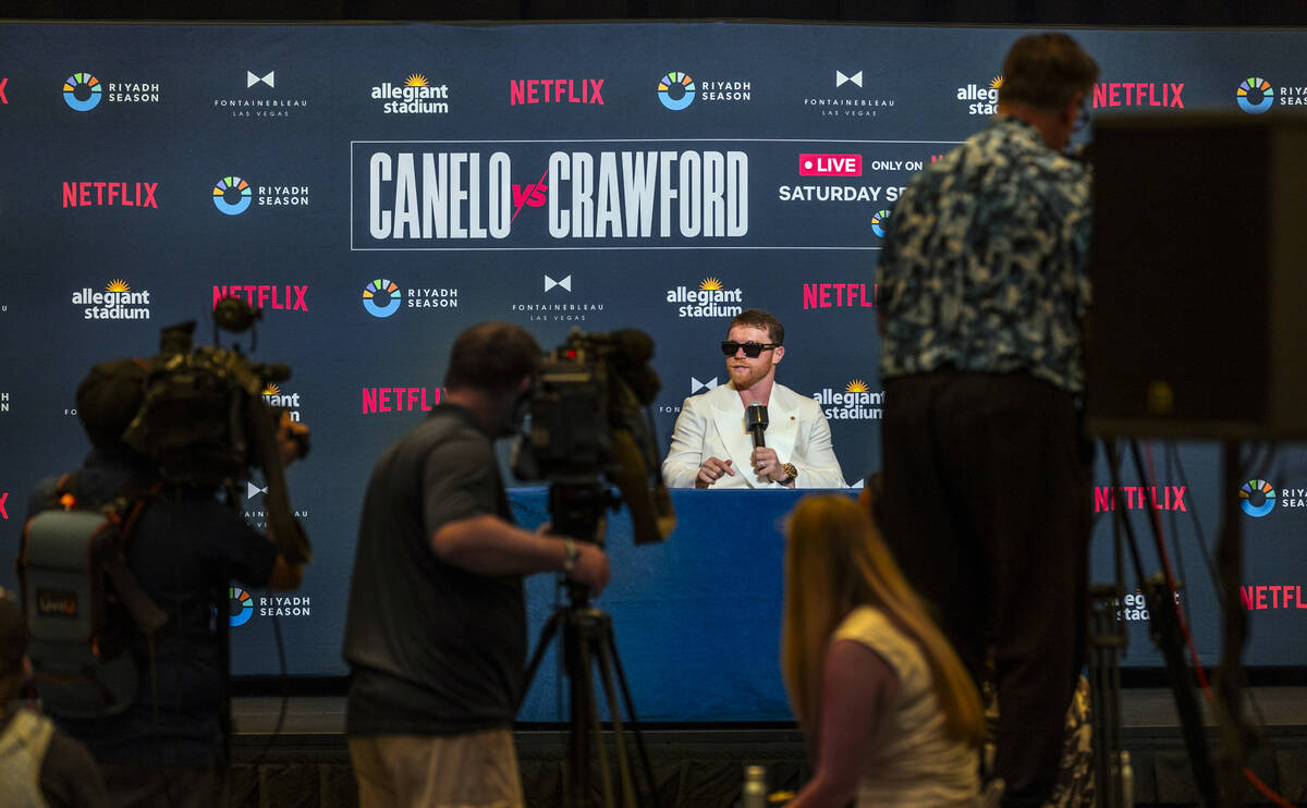 Saul ‘Canelo’ Alvarez gives a media interview following boxing arrivals at the Fo ...