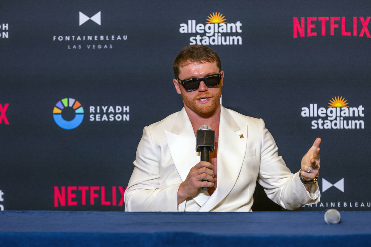 Saul ‘Canelo’ Alvarez gives a media interview following boxing arrivals at the Fo ...