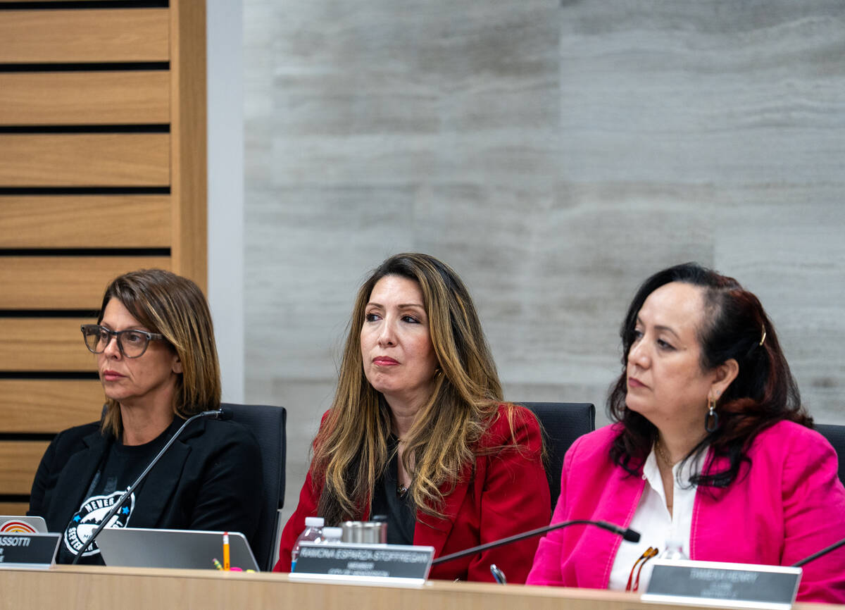 Lorena Biassotti of the Clark County School Board listens during a School Board meeting at the ...