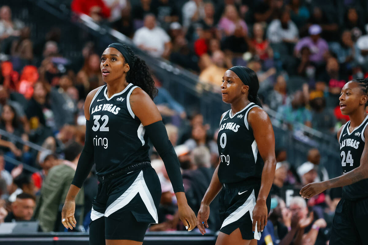 Aces forward Cheyenne Parker-Tyus (32) walks off the court for a timeout during the first half ...