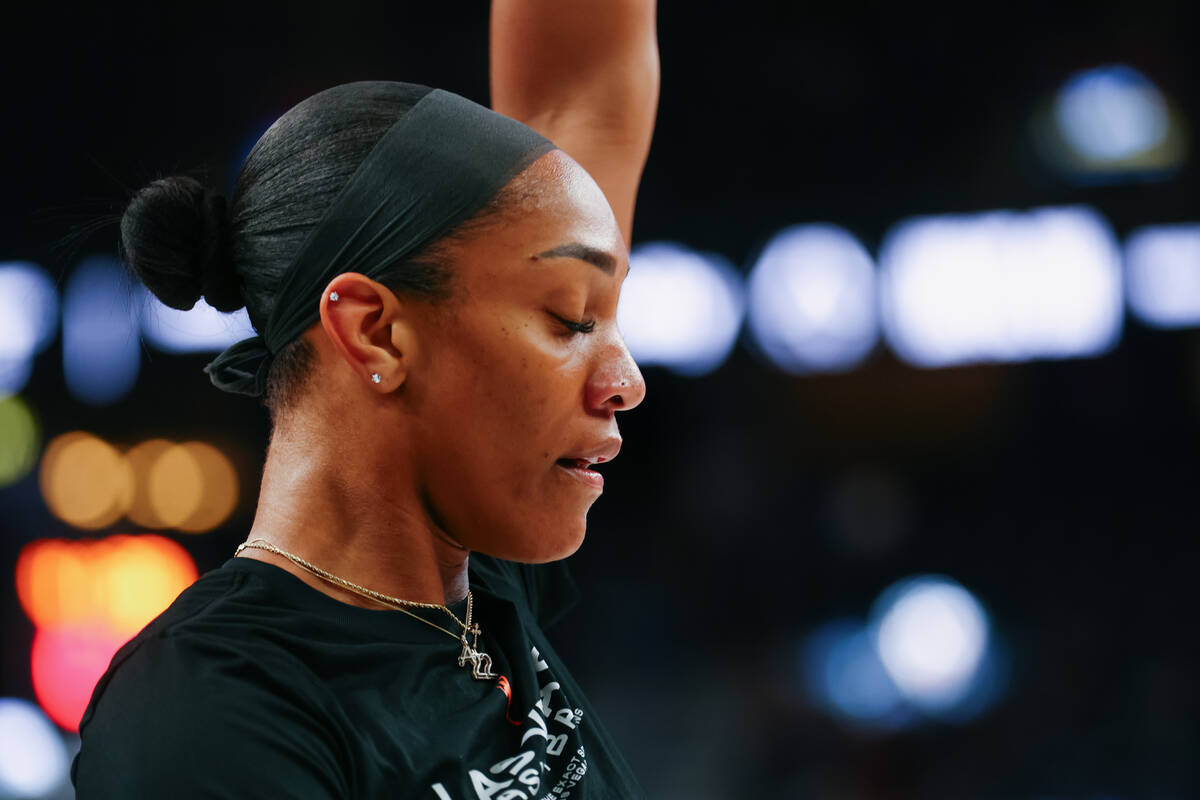 Aces center A'ja Wilson (22) warms up before the Aces’ last home game of the regula ...
