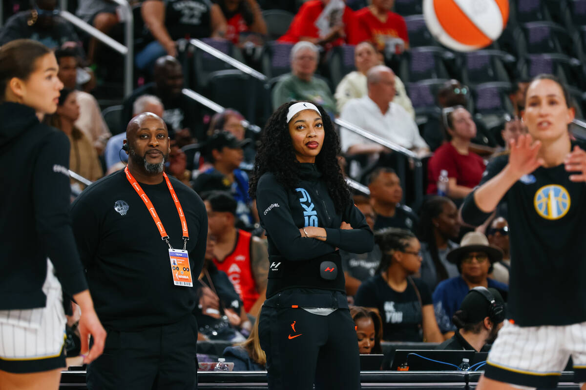 Chicago Sky’s Angel Reese watches warmups during the first half of the Aces’ last ...
