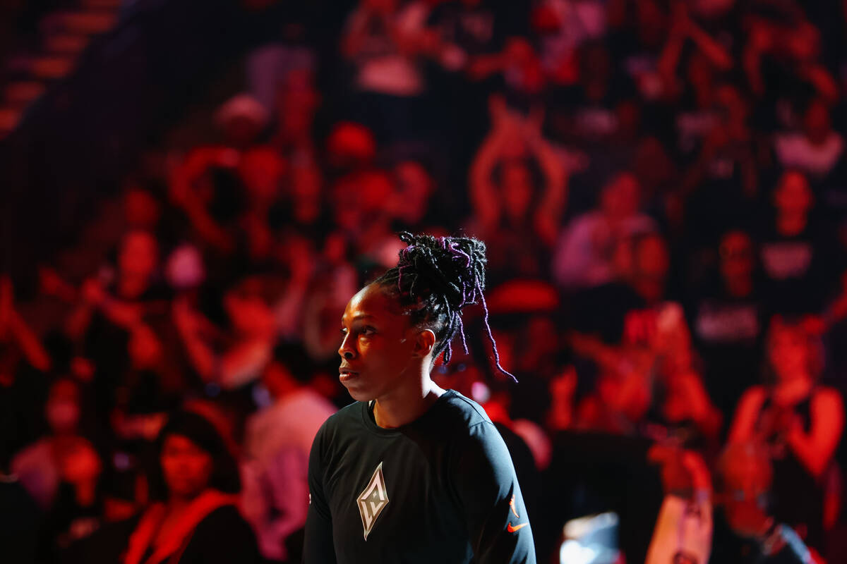 The Aces’ Chelsea Gray enters the court before the Aces’ last home game of the re ...