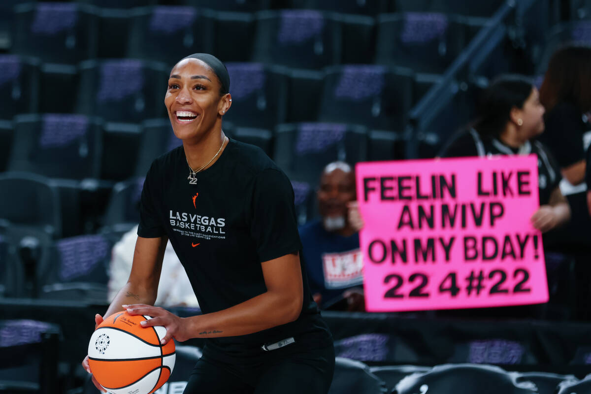 Aces center A'ja Wilson (22) grins as she warms up before the Aces’ last home game ...