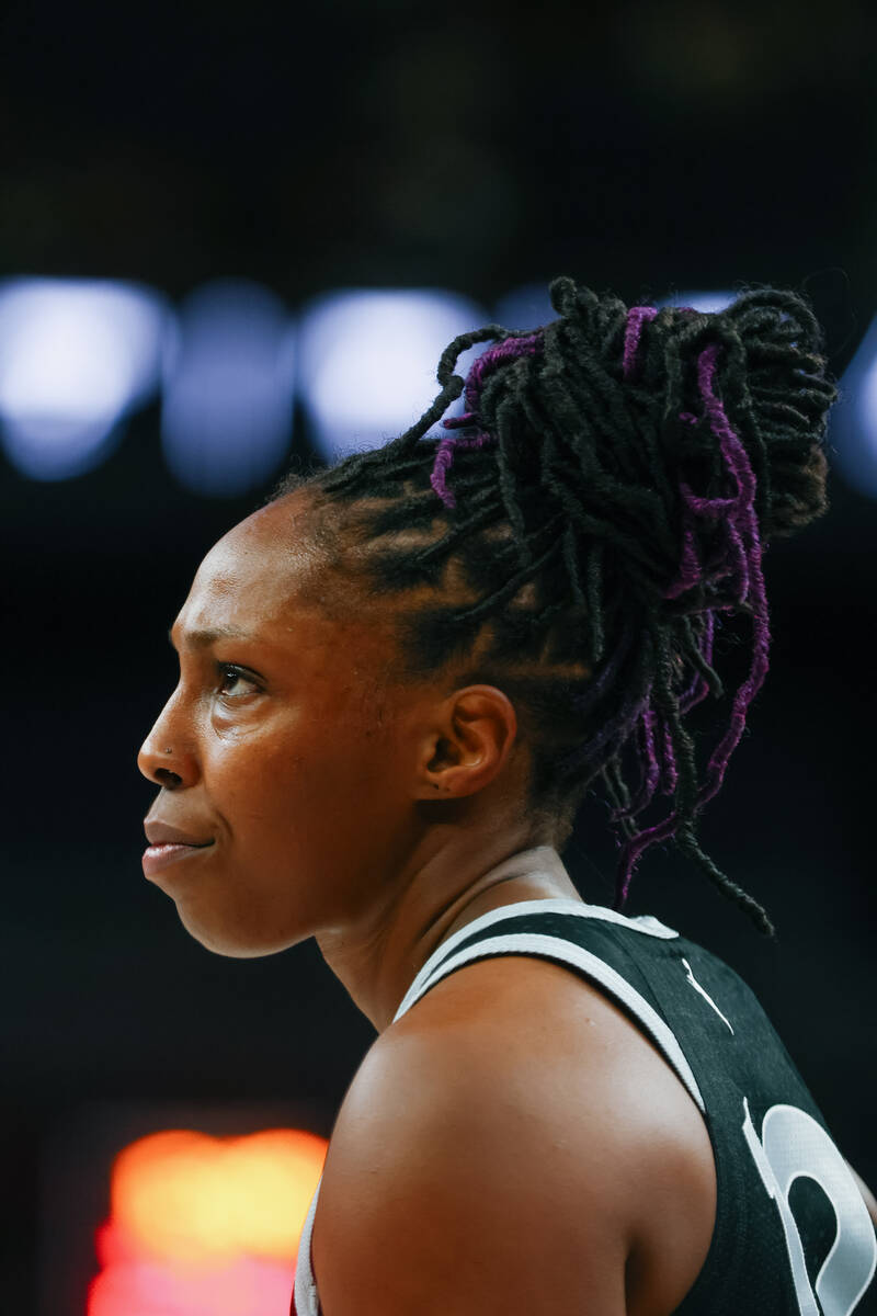 Aces guard Chelsea Gray (12) stands on the court during the second half of the Aces’ las ...