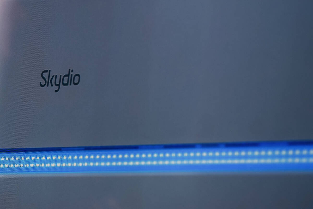 The brand name of the drone stations, Skydio, is visible in a video shown during a briefing abo ...