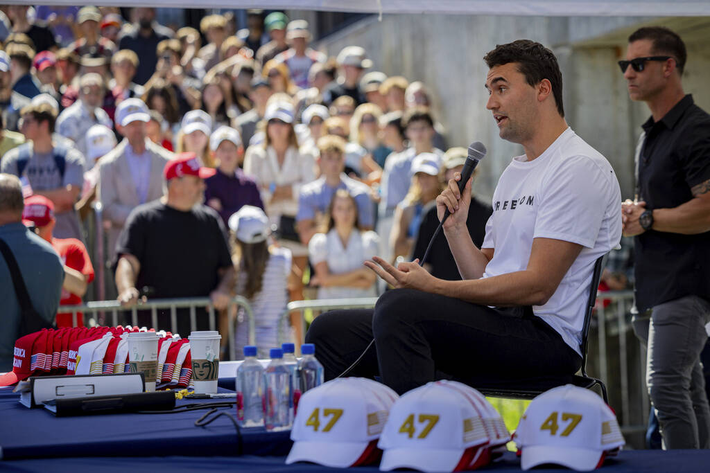 Charlie Kirk speaks before he is shot during Turning Point's visit to Utah Valley University in ...