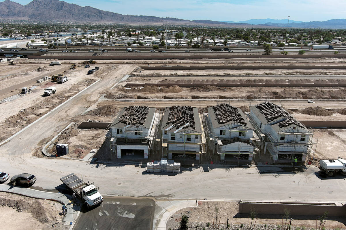 Drone footage shows construction of the KB Homes development Vales at Manzano along Boulder Hig ...