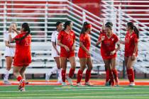 Arbor View teammates celebrate a goal during a girls soccer game between Liberty and Arbor View ...