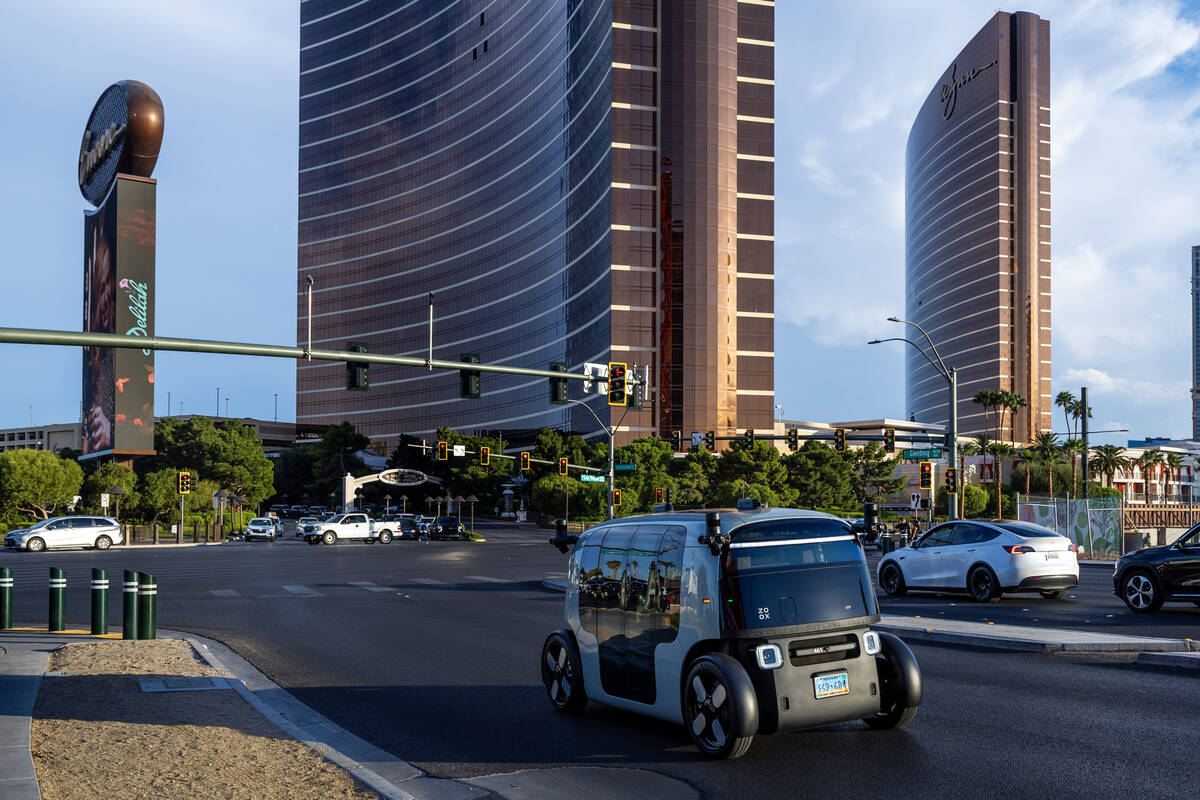 A Zoox vehicle works its way back to Resorts World on Friday, Sept. 05, 2025, in Las Vegas. (L. ...