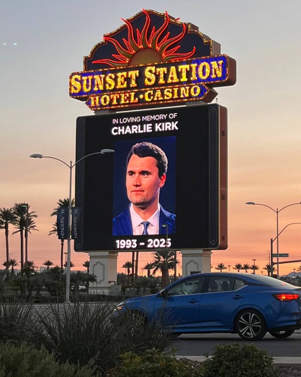 A sign at Sunset Station in Henderson, Nevada pays respect to Charlie Kirk on Sept. 10, 2025 (C ...