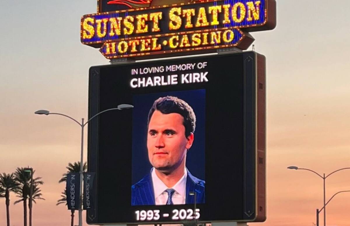 A sign at Sunset Station in Henderson, Nevada pays respect to Charlie Kirk on Sept. 10, 2025 (C ...