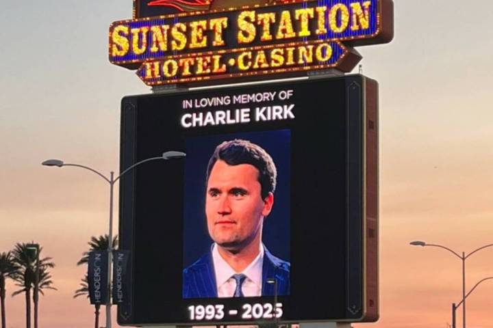 A sign at Sunset Station in Henderson, Nevada pays respect to Charlie Kirk on Sept. 10, 2025 (C ...