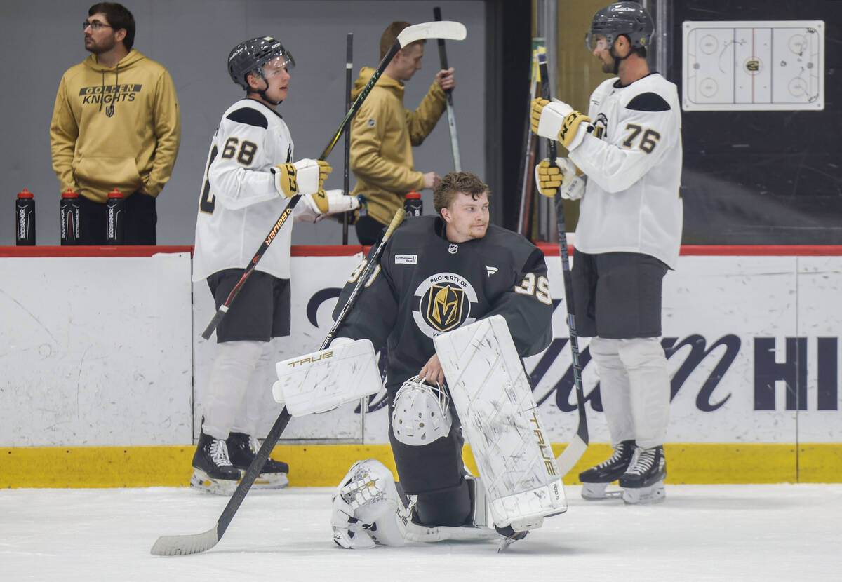 Golden Knights goaltender Cameron Whitehead (39) takes a break during rookie camp at City Natio ...