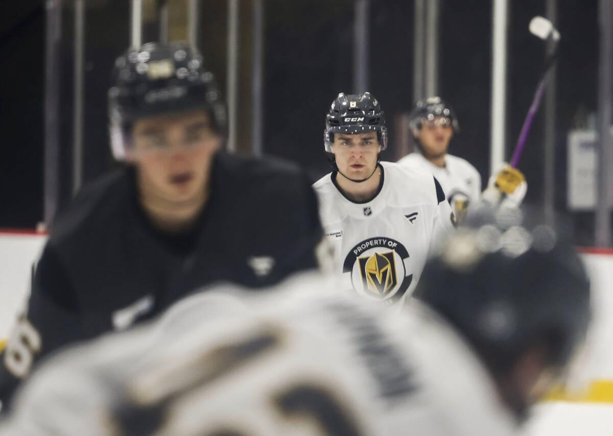 Golden Knights center Mathieu Cataford (8) gets in position for a faceoff during rookie camp at ...