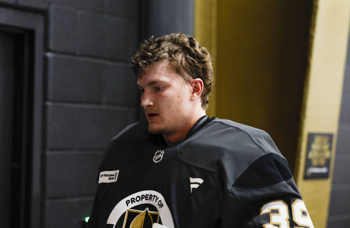 Golden Knights goaltender Cameron Whitehead (39) skates off ice during a break at rookie camp a ...