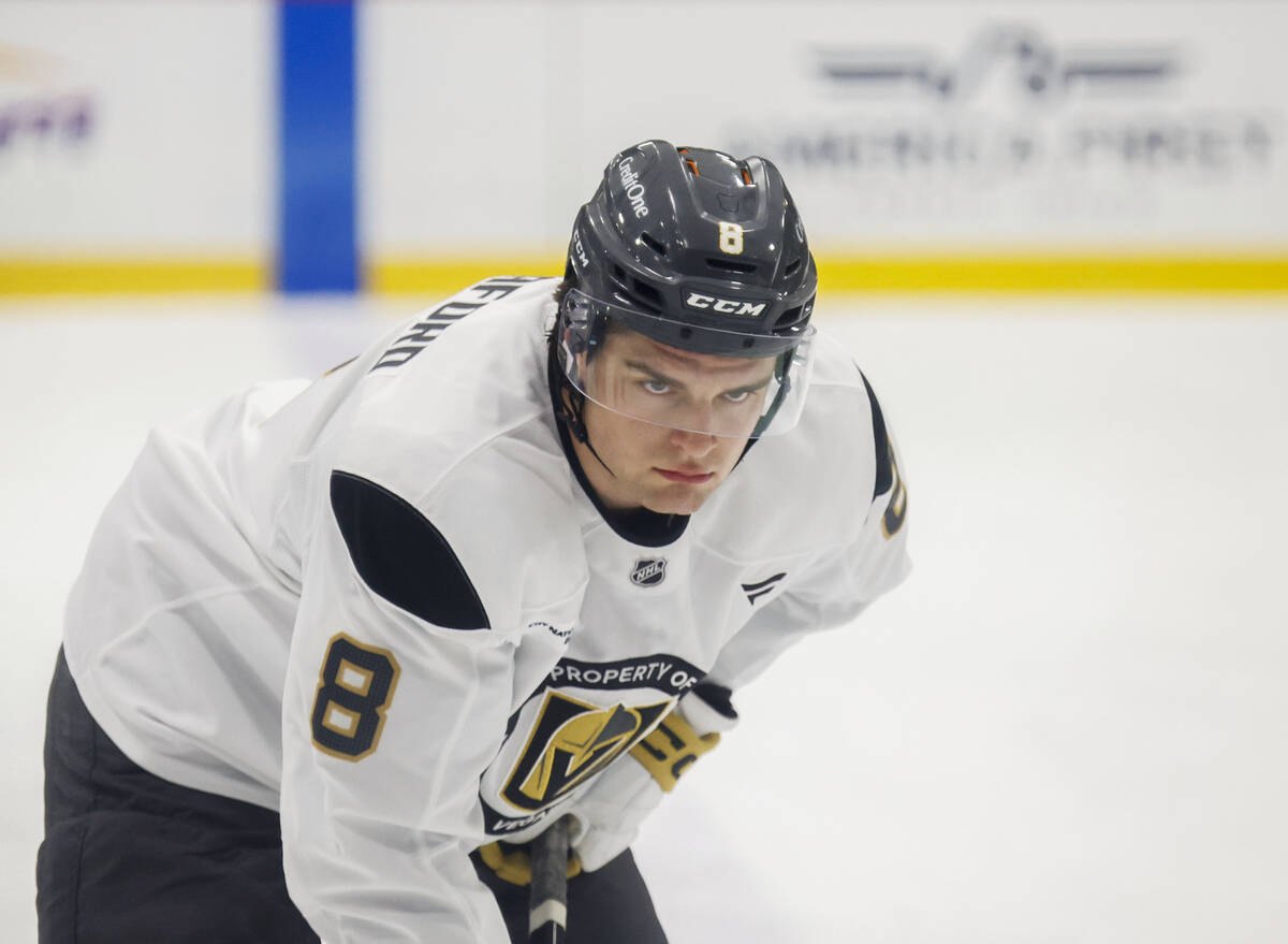 Golden Knights center Mathieu Cataford (8) gets in position for a faceoff during rookie camp at ...