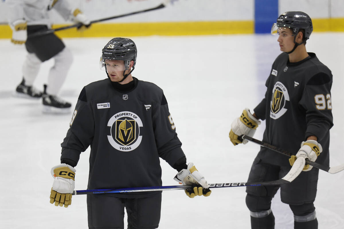 Golden Knights forward Jackson Hallum (59) participates in drills during rookie camp at City Na ...
