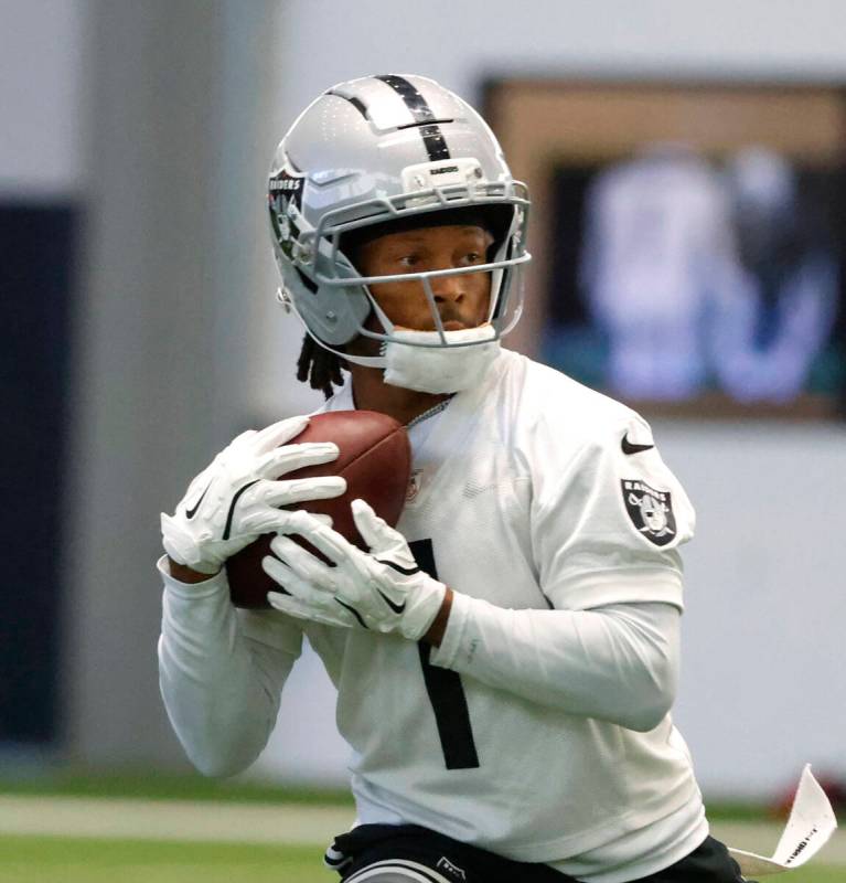 Raiders wide receiver Tre Tucker (1) catches a punt during team practice at the Intermountain H ...