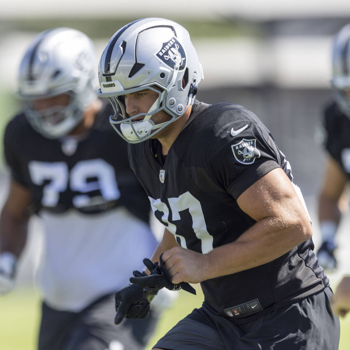 Raiders tight end Michael Mayer (87) runs a drill during the team’s practice at the Inte ...