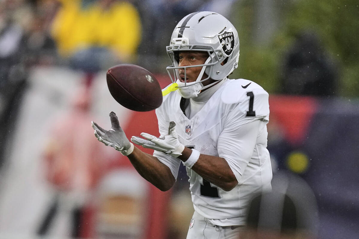 Las Vegas Raiders wide receiver Tre Tucker (1) makes a catch during an NFL football game, Sunda ...