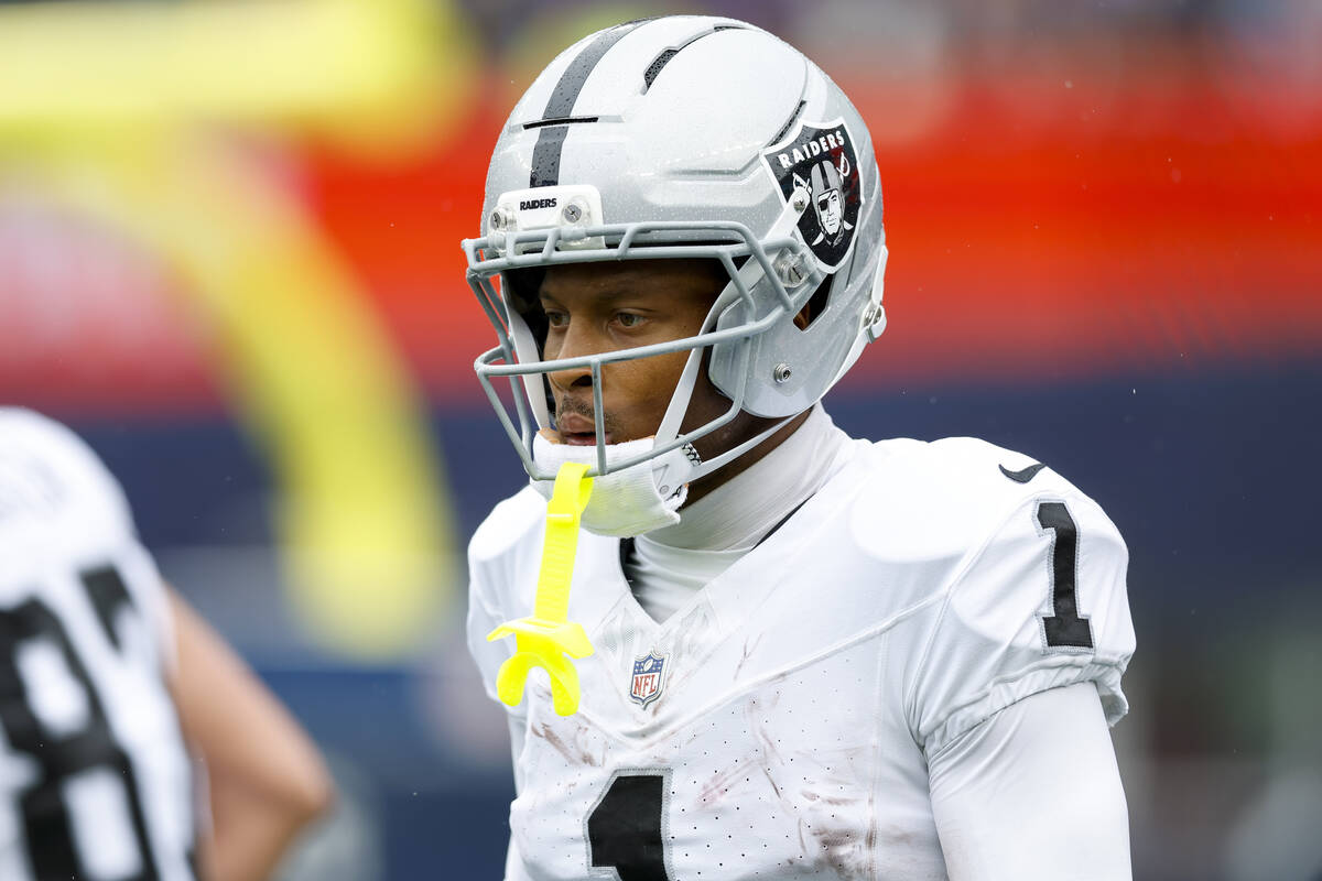 Las Vegas Raiders wide receiver Tre Tucker (1) reacts during the first half of an NFL football ...