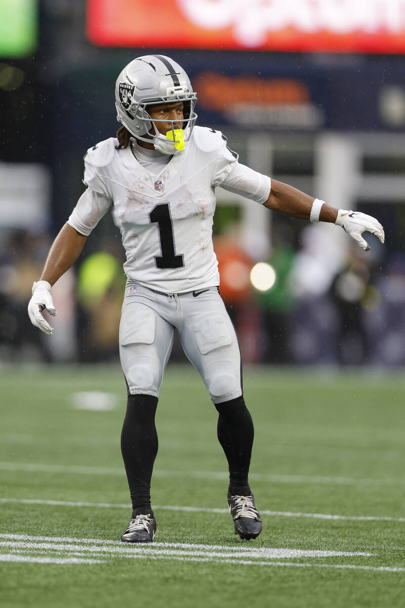 Las Vegas Raiders wide receiver Tre Tucker (1) at the line of scrimmage during the second half ...