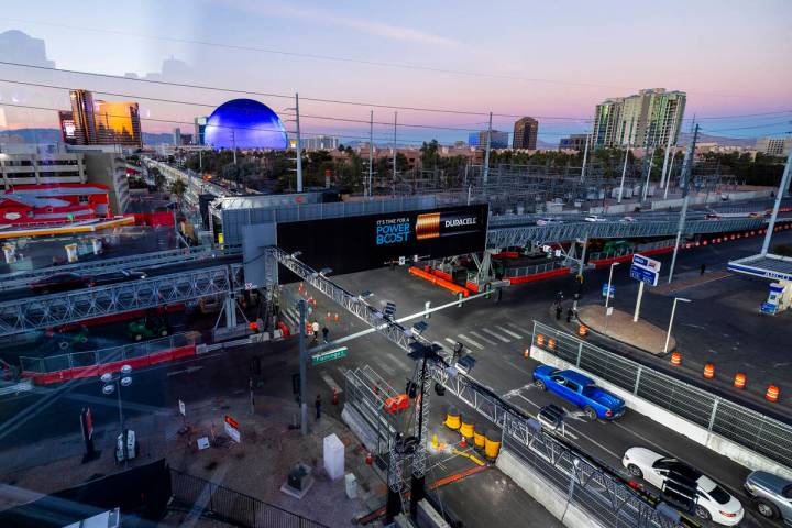 The view north up the track along Koval Lane and the Flamingo Road bridge along the track of th ...