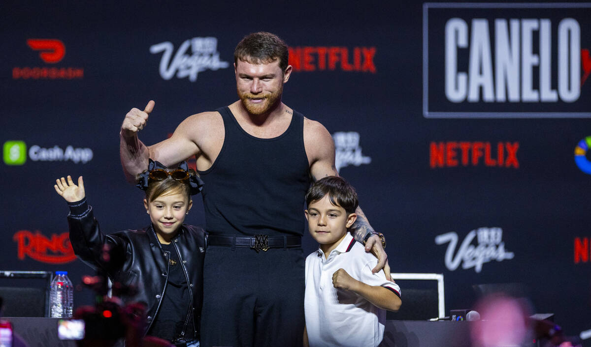 Saul ‘Canelo’ Alvarez is joined by several of his 5 children following his press ...