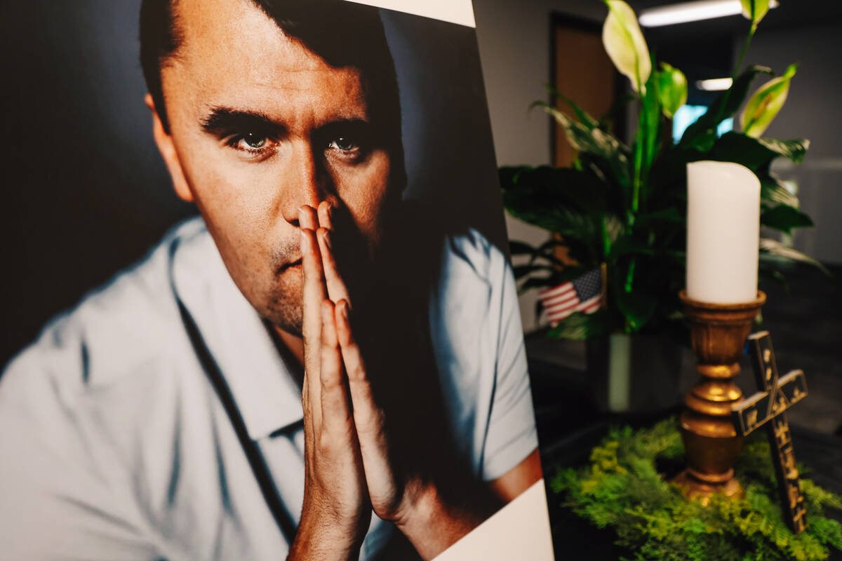 A table is set up for a vigil for conservative activist Charlie Kirk at the Nevada Republican C ...