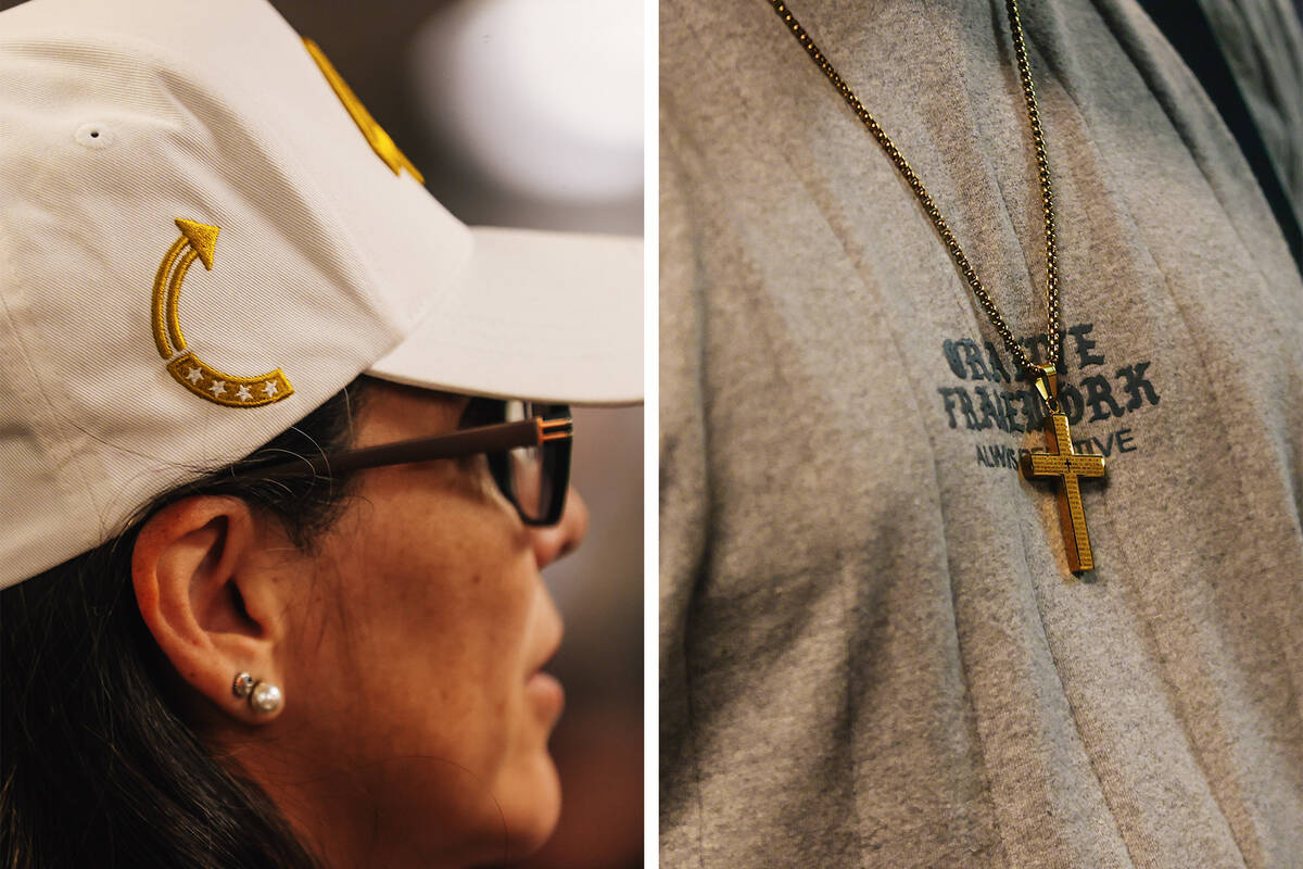 Left: Eva Sara Landau wears a Turning Point USA hat during a vigil for conservative activist Ch ...