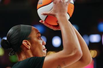 Aces center A'ja Wilson (22) warms up before the Aces’ last home game of the regula ...