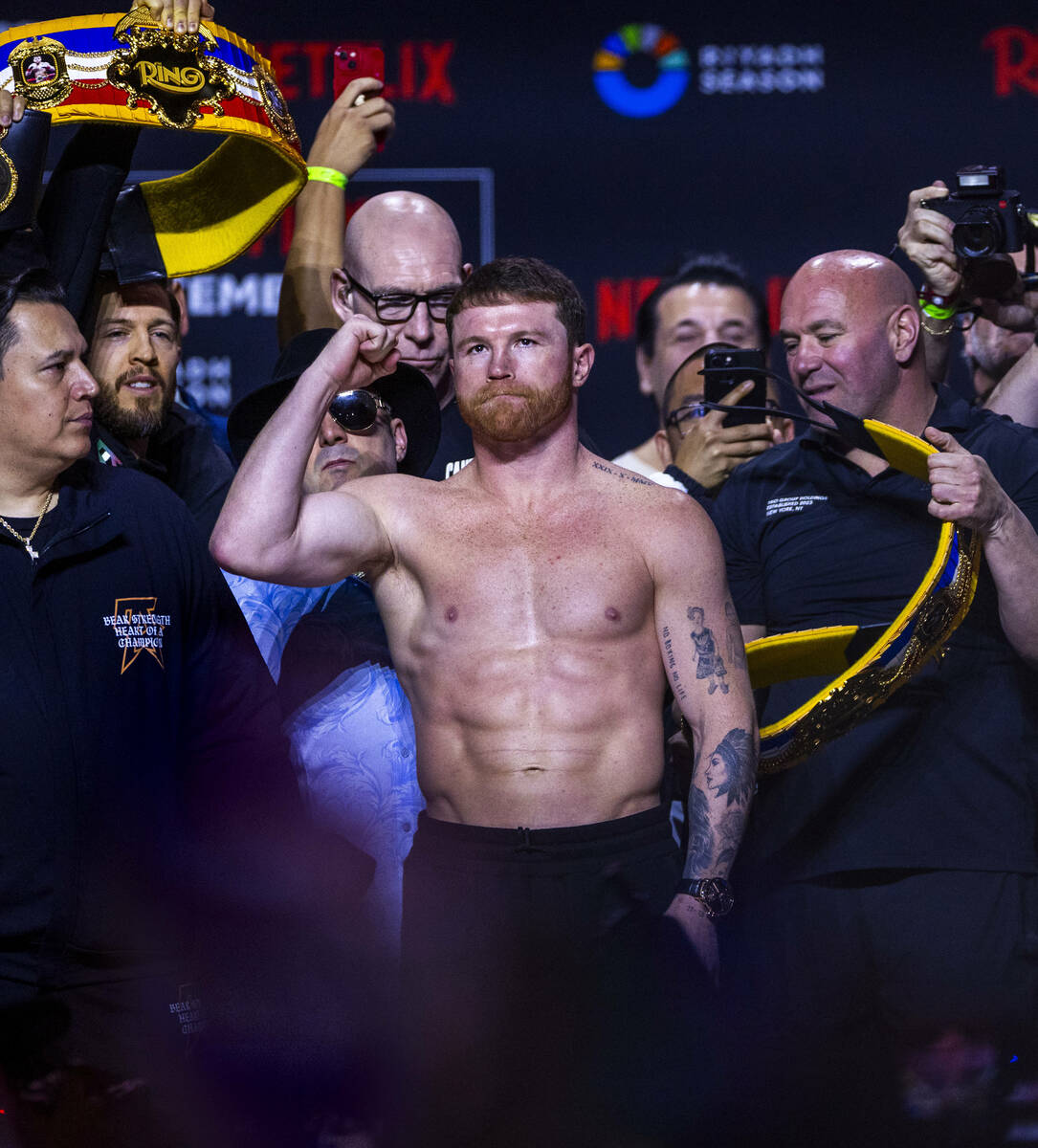 Super Middleweight Championship fighter Saul ‘Canelo’ Alvarez greets the crowd af ...