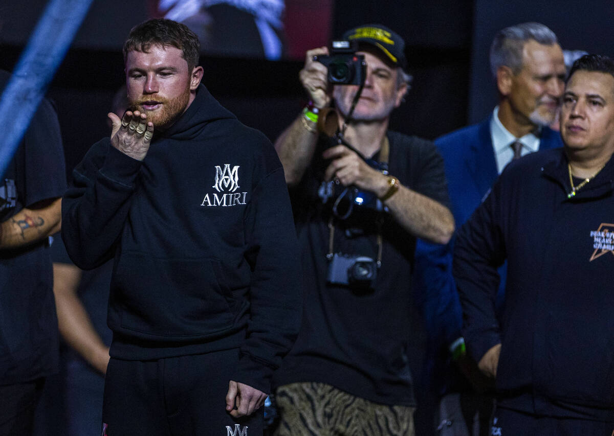 Super Middleweight Championship fighter Saul ‘Canelo’ Alvarez blows kisses to the ...