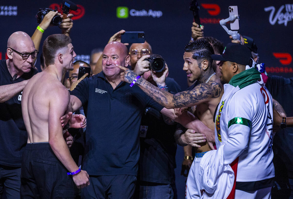 Middleweight fighters Callum Walsh and Fernando Vargas Jr. exchange words as they face off foll ...