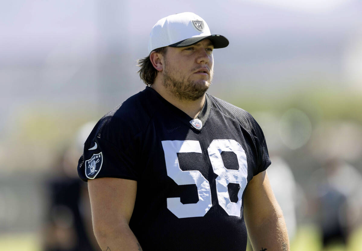 Raiders offensive lineman Jackson Powers-Johnson (58) walks the sideline as a non-participant d ...
