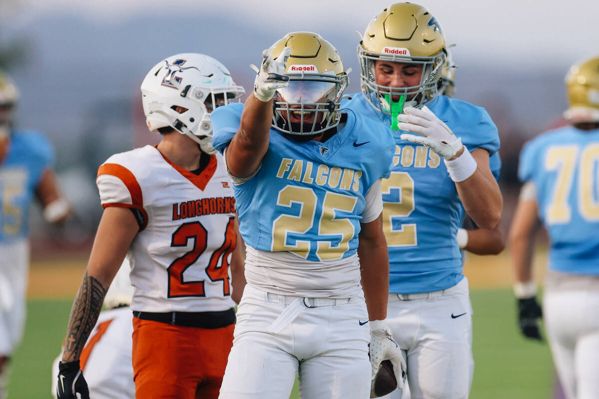 Foothill running back Robert Ledezma (25) celebrates a first down during a football game betwee ...