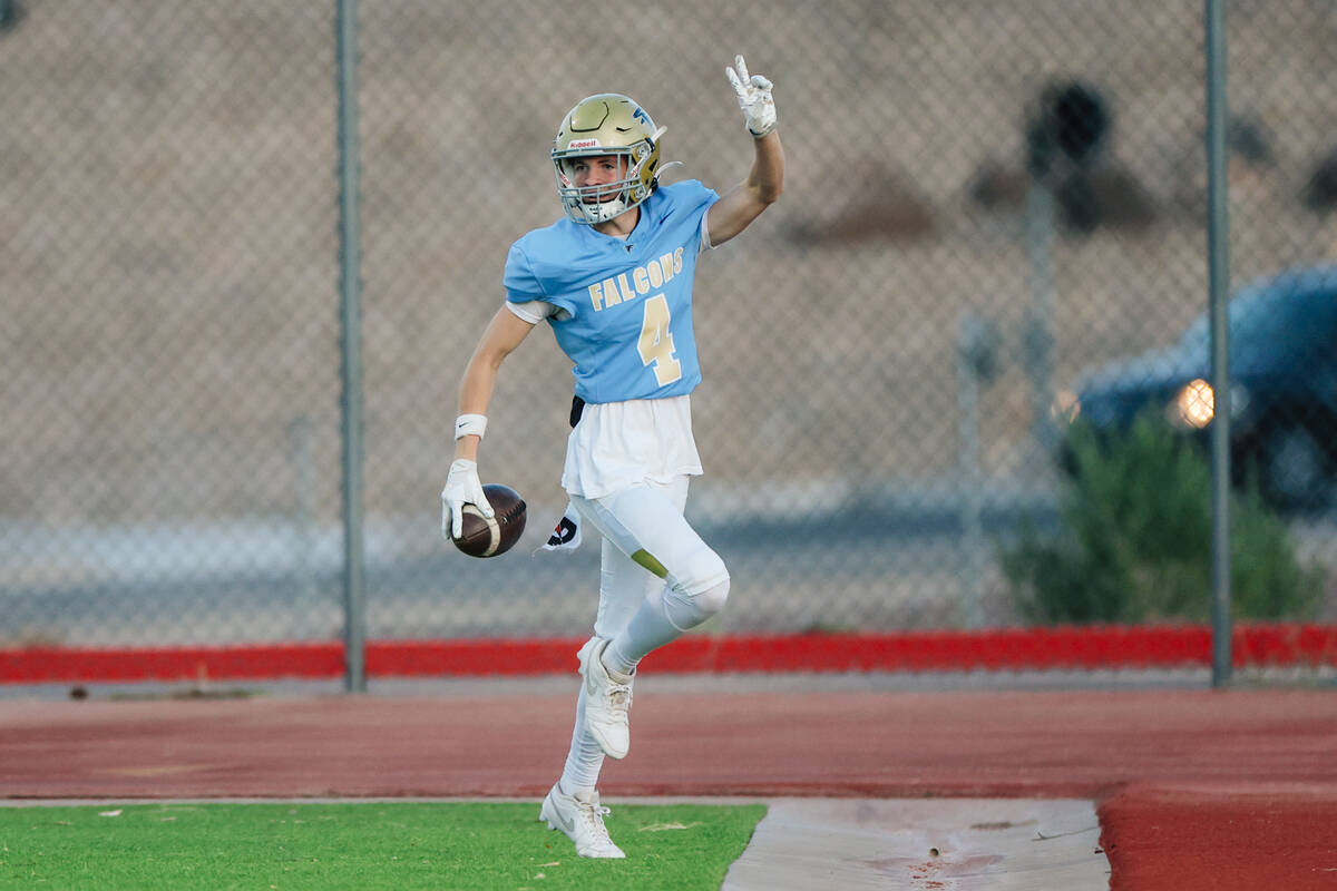 Foothill wide receiver Micah Farrar celebrates his second touchdown of the evening during a foo ...