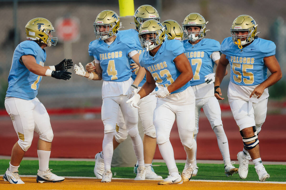 Foothill wide receiver Micah Farrar (4) celebrates his second touchdown of the evening during a ...
