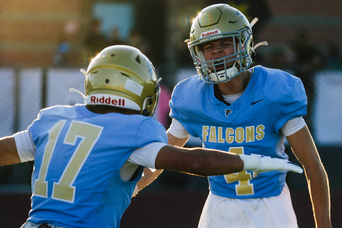 Foothill wide receiver Micah Farrar (4) celebrates a touchdown during a football game between F ...