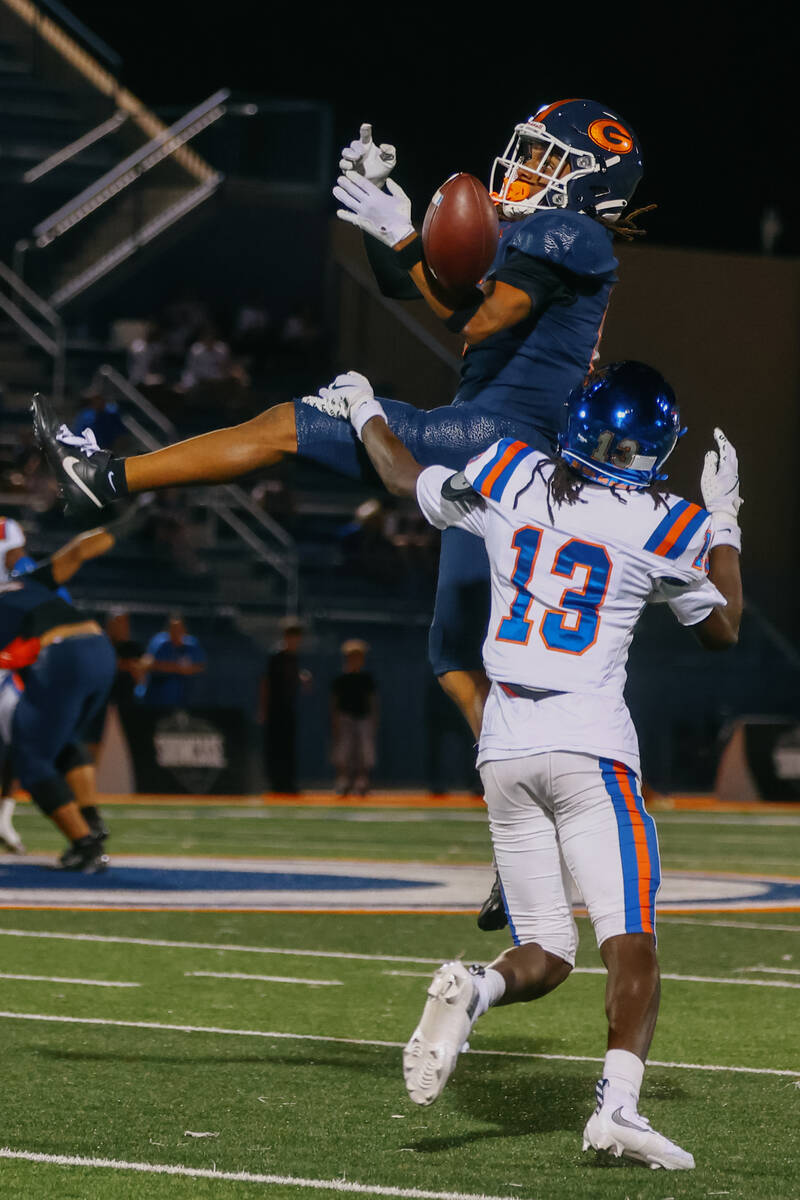Bishop Gorman wide receiver Massiah Mingo (6) narrowly misses catching a pass intended for him ...