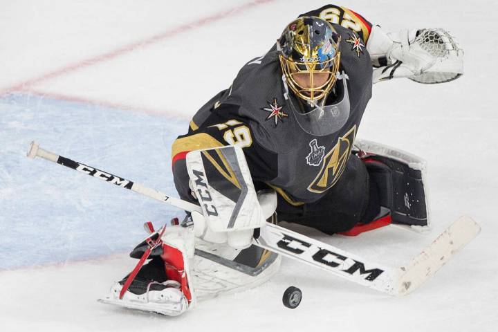 Golden Knights goaltender Marc-Andre Fleury (29) makes a save in the third period during Game 2 ...