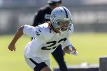 Raiders cornerback Eric Stokes (22) runs on the field during the team’s practice at the ...