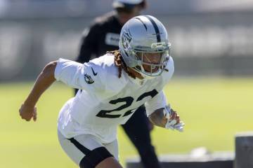 Raiders cornerback Eric Stokes (22) runs on the field during the team’s practice at the ...