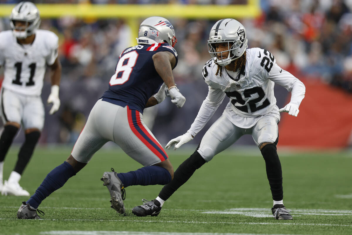 Las Vegas Raiders cornerback Eric Stokes (22) covers New England Patriots wide receiver Stefon ...