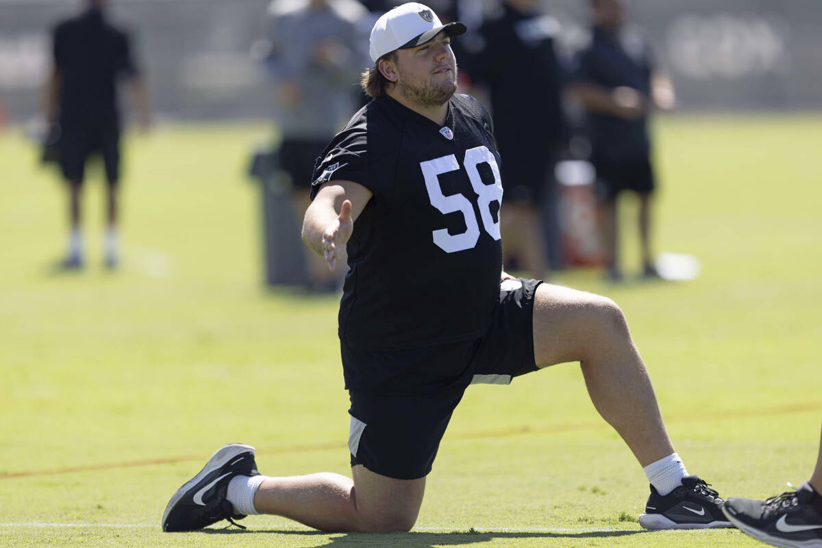 Raiders center Jackson Powers-Johnson (58) stretches during the team’s practice at the I ...
