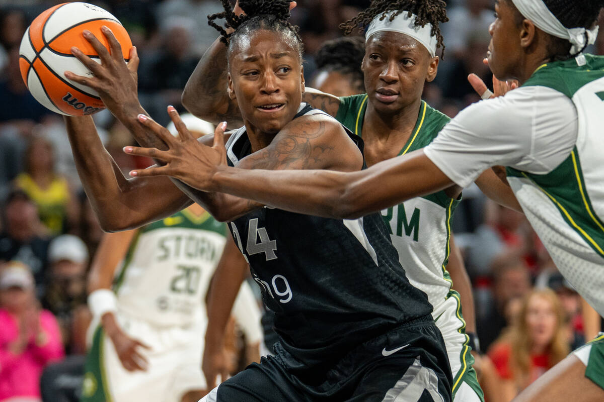 Las Vegas Aces guard Jewell Loyd (24) attepts to move the ball up court at a WNBA basketball ga ...