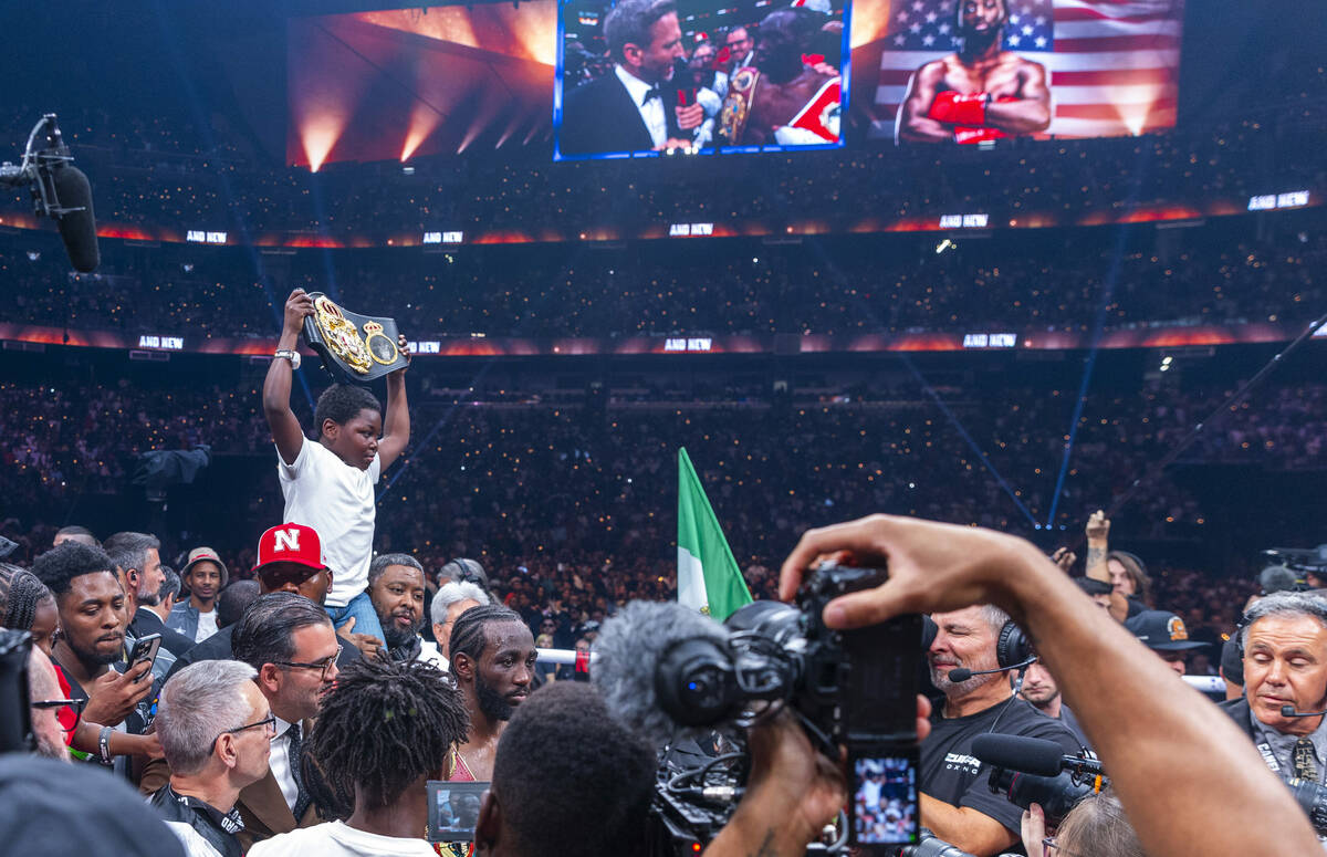 Terence Crawford is interviewed after beating Canelo Alvarez during their undisputed super midd ...