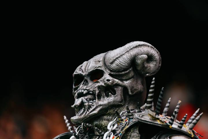 A Raiders fan watches the second half of the game on Saturday, Aug. 16, 2025 at Allegiant Stadi ...