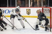 Golden Knights goaltender Carl Lindbom (30) makes a save against center Mathieu Cataford (8) du ...